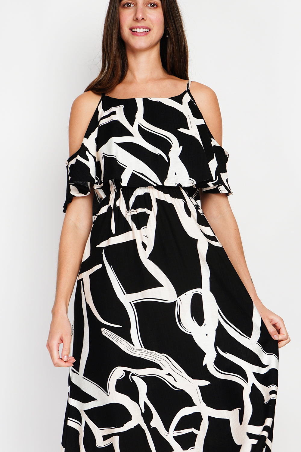 Printed long dress with short sleeves and open shoulders – Black – William de Faye