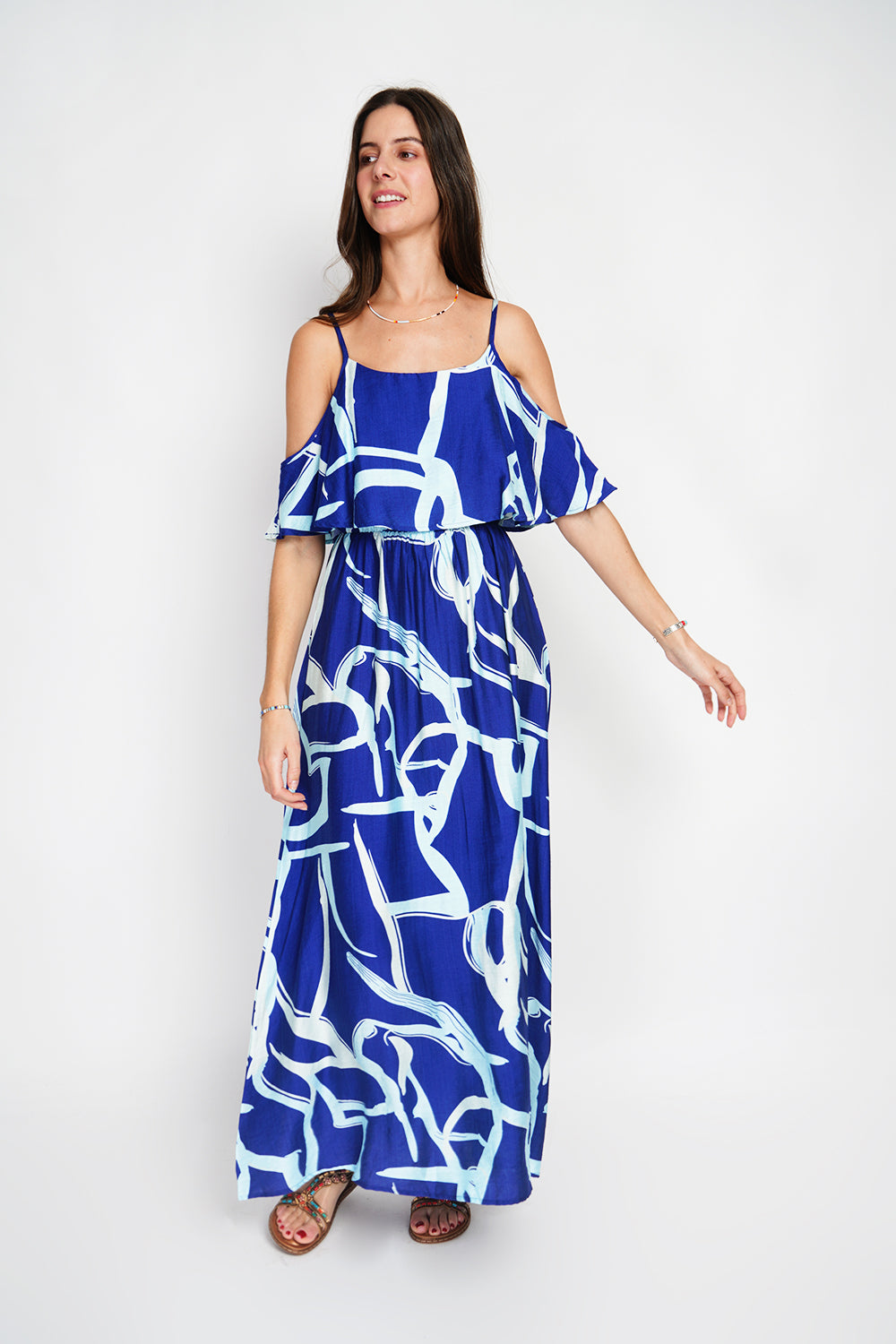 Printed long dress with short sleeves and open shoulders – Blue Royal – William de Faye