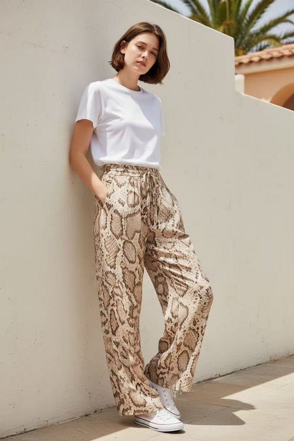 Pantalon large imprimé zippé avec ceinture – Lin – William de Faye
