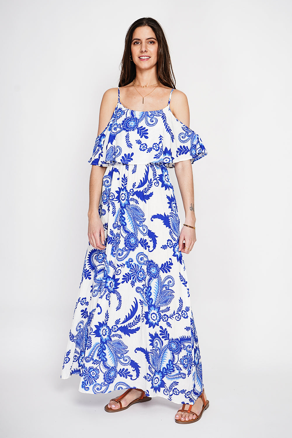 Robe longue imprimée épaules dénudées – Bleu azur – William de Faye
