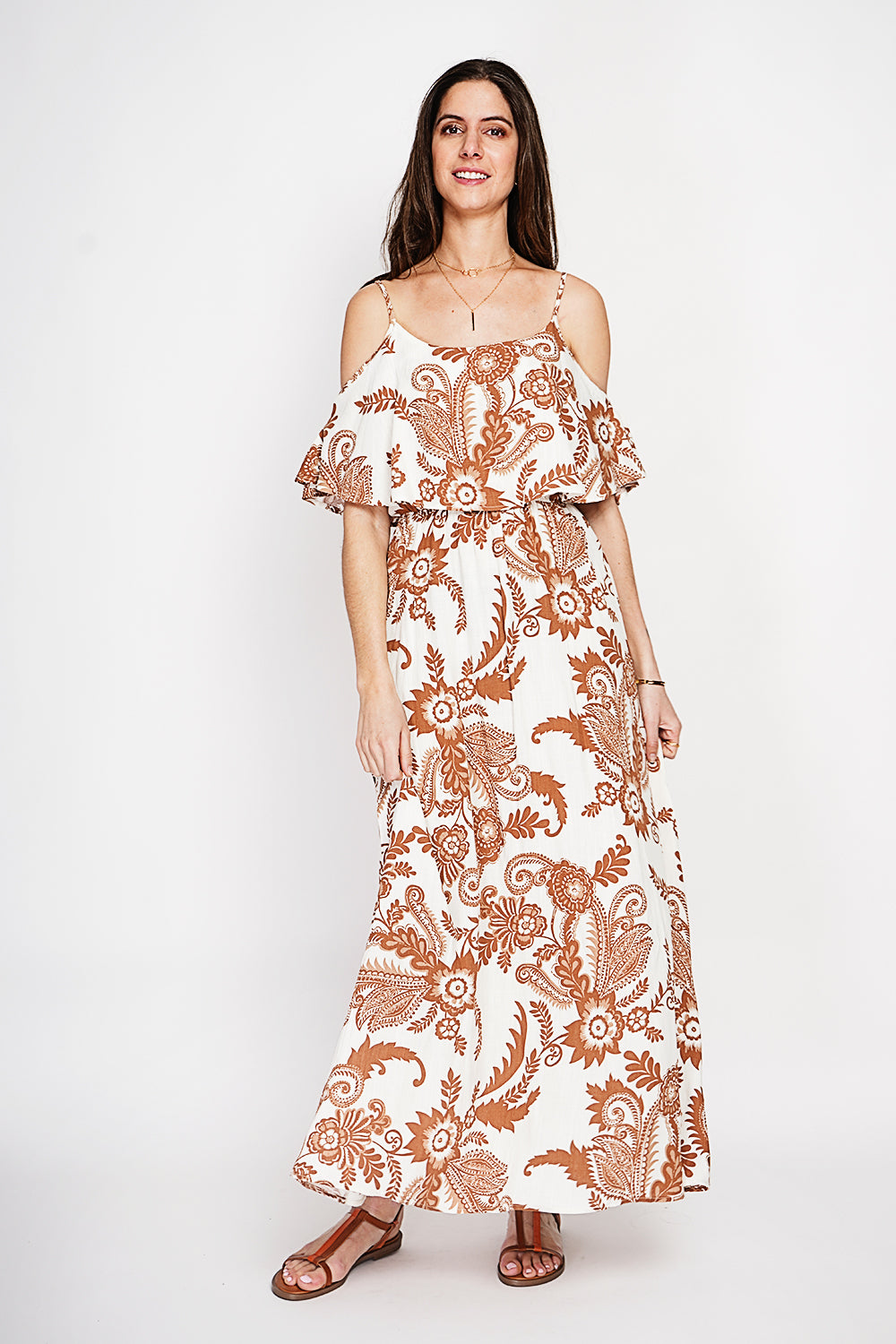Robe longue imprimée épaules dénudées – Camel – William de Faye