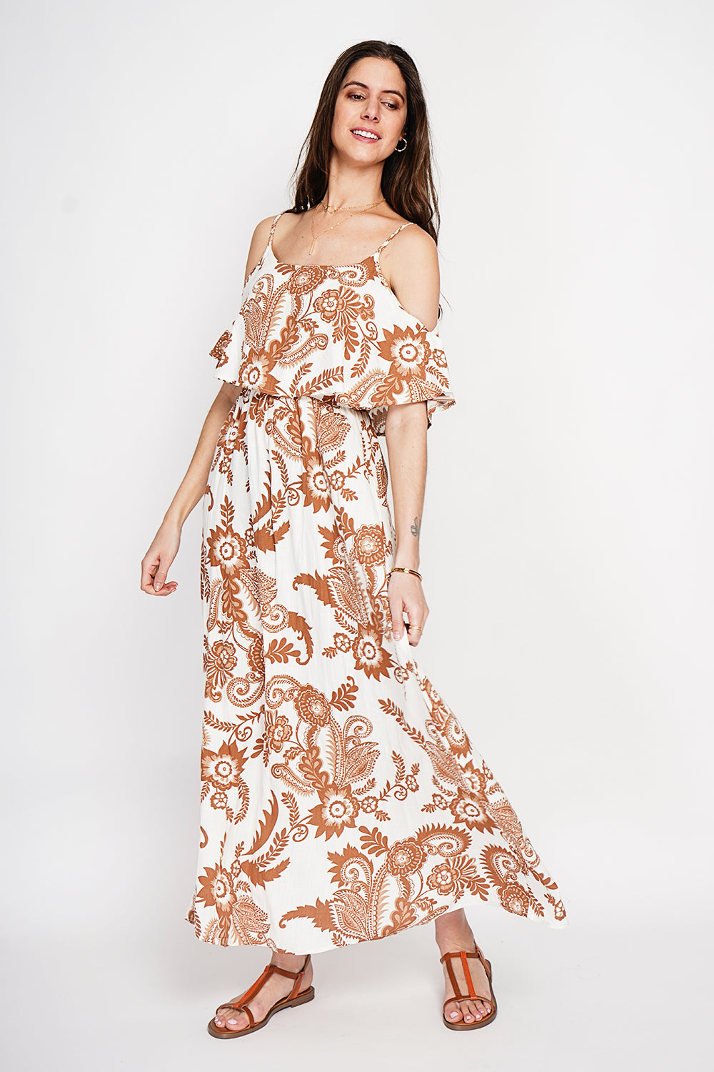 Robe longue imprimée épaules dénudées – Camel – William de Faye