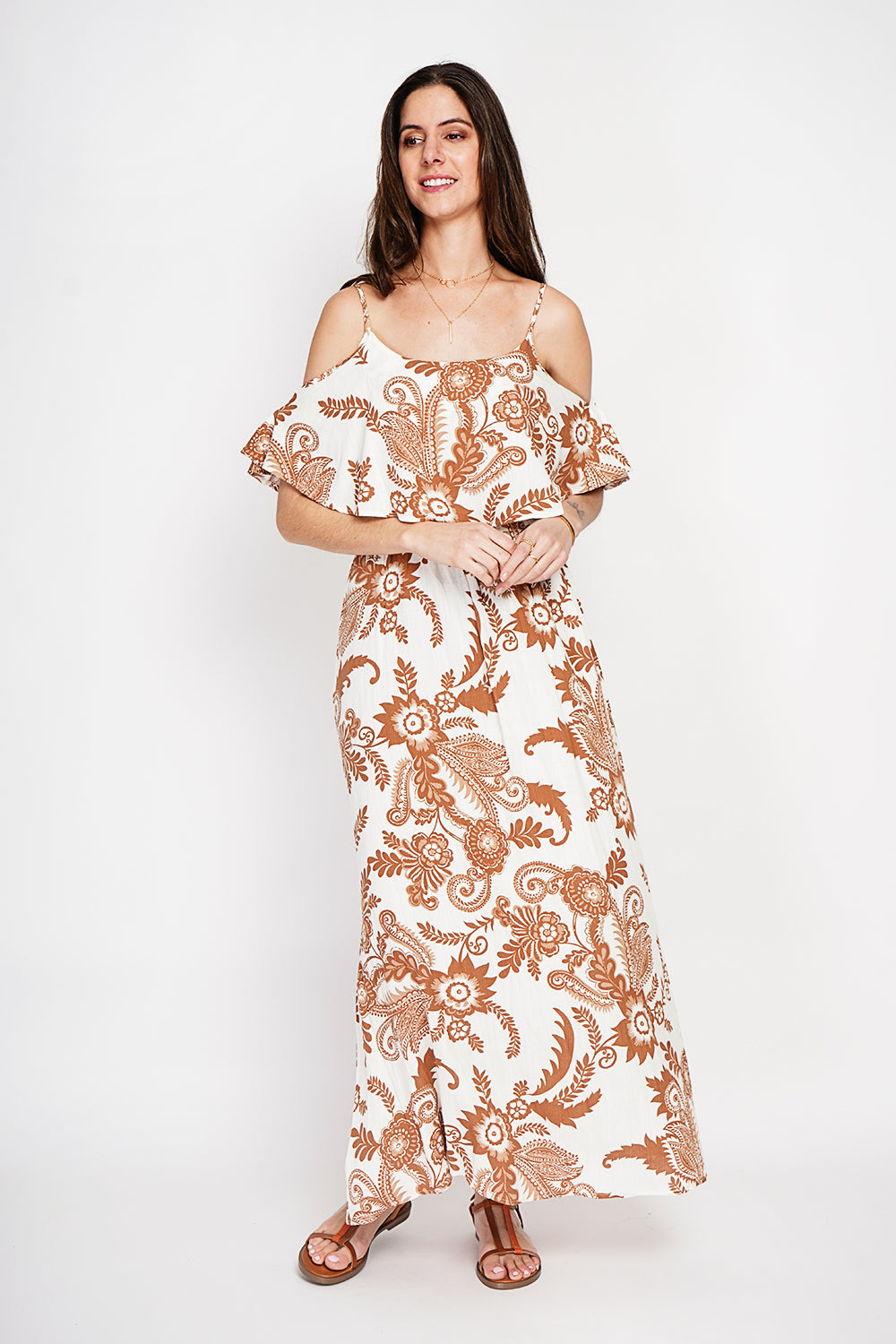 Robe longue imprimée épaules dénudées – Camel – William de Faye