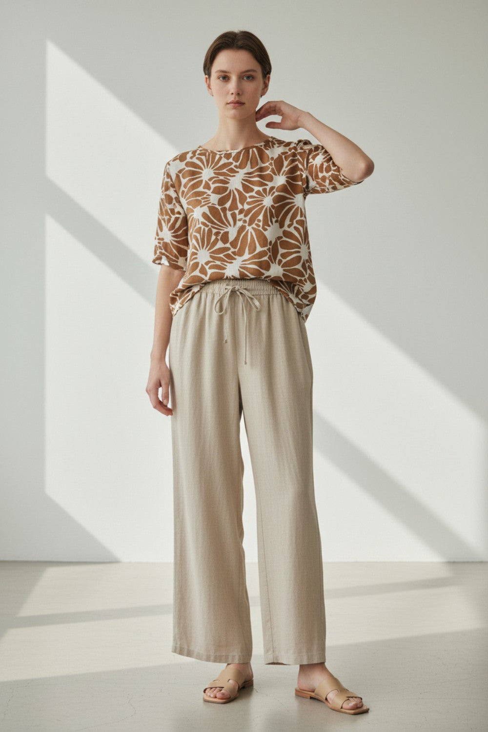 Top imprimé col rond manches mi-longues – Camel – William de Faye