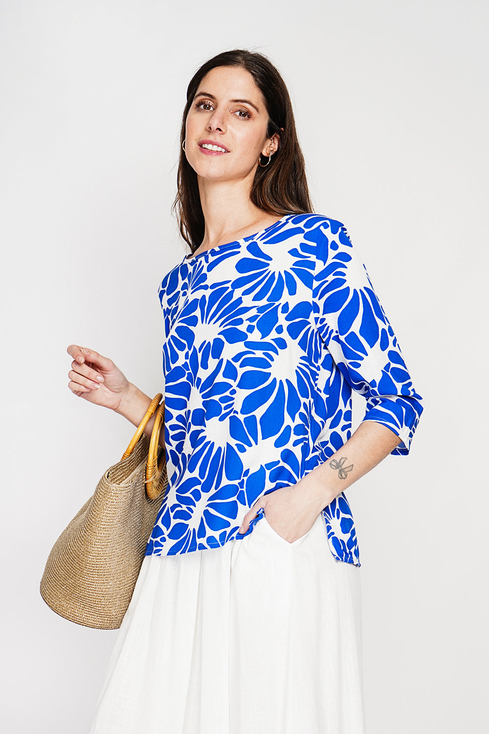 Top imprimé col rond manches mi-longues – Bleu roi – William de Faye