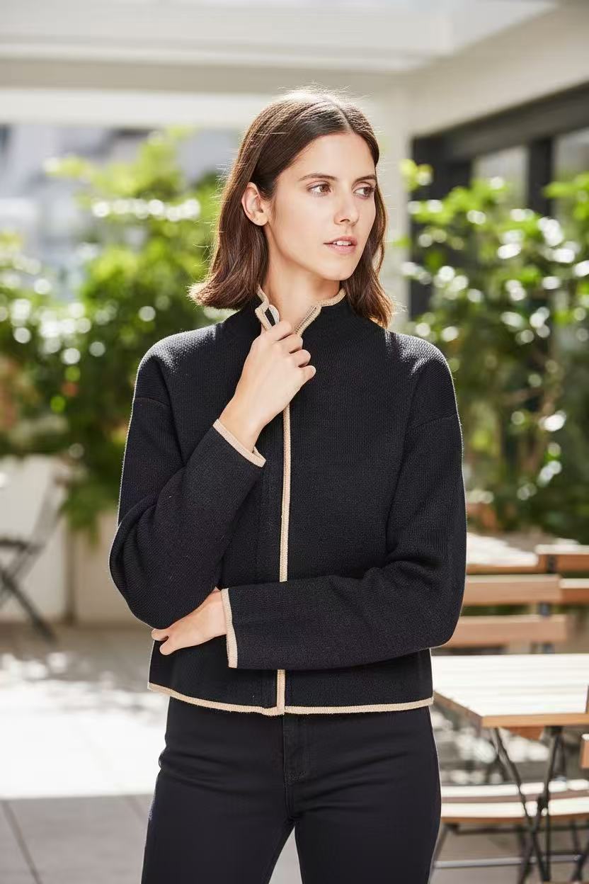 Gilet court zippé bicolore, manches longues – Noir – William de Faye