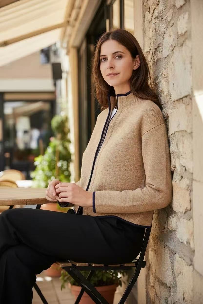 Gilet court zippé bicolore, manches longues – Nougat – William de Faye