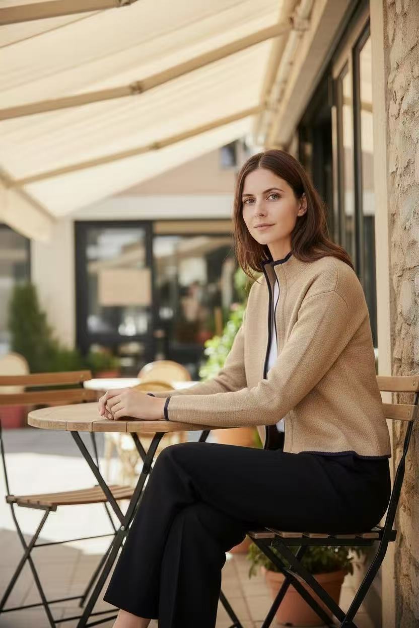 Gilet court zippé bicolore, manches longues – Nougat – William de Faye