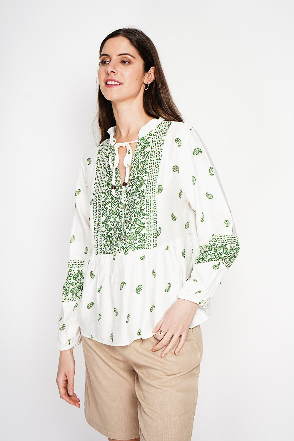 Blouse imprimée brodée col tunisien – Vert jade – William de Faye