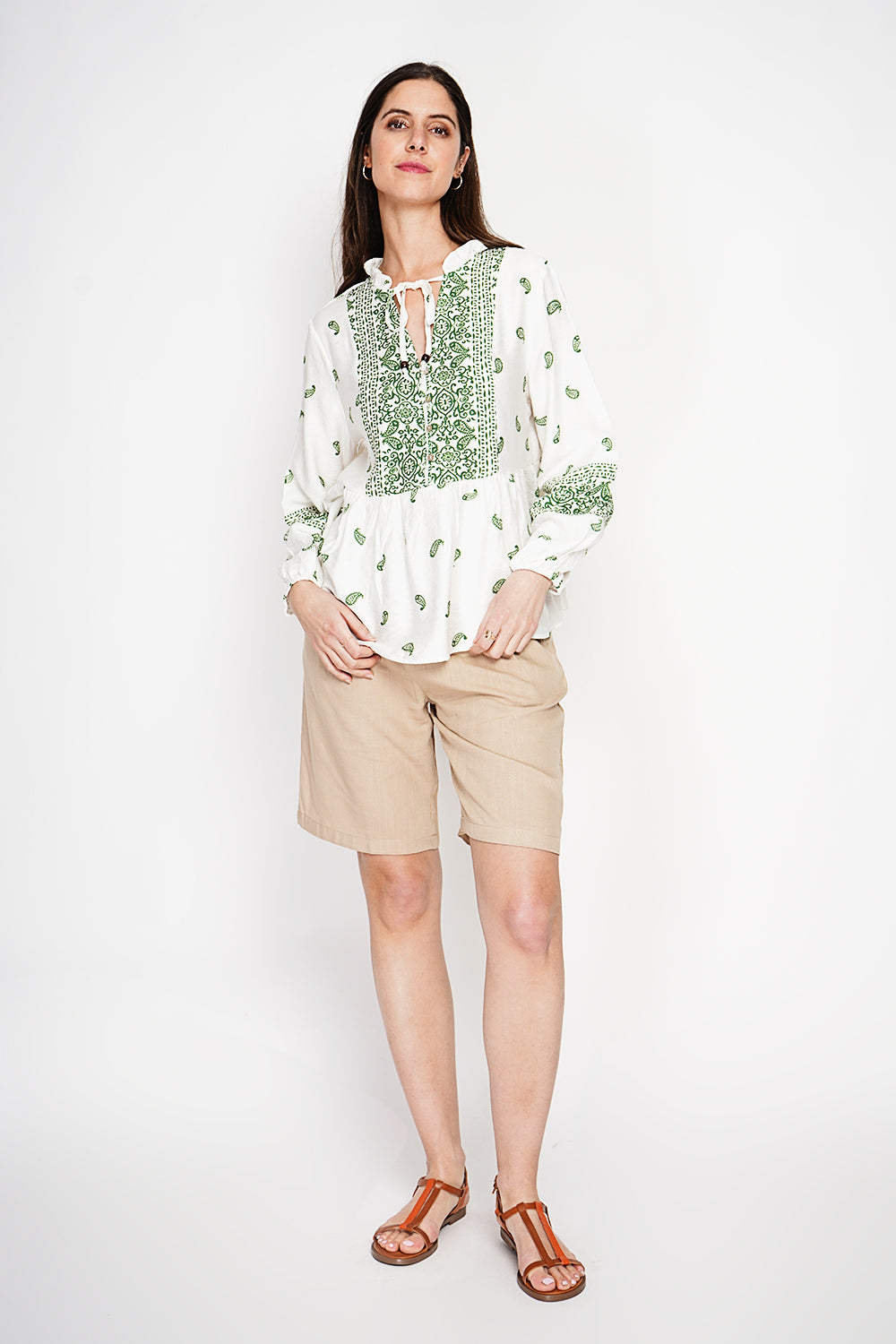 Blouse imprimée brodée col tunisien – Vert jade – William de Faye