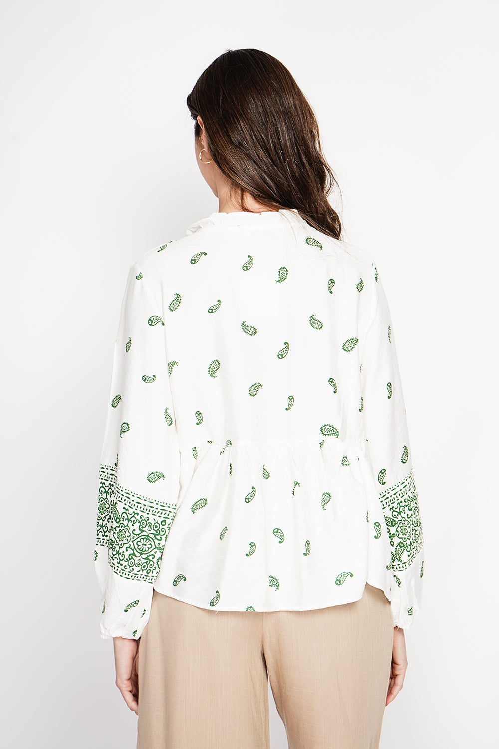 Blouse imprimée brodée col tunisien – Vert jade – William de Faye