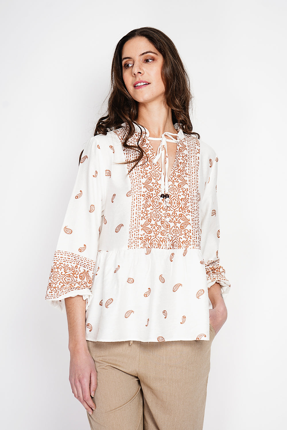 Blouse imprimée brodée col tunisien – Lin – William de Faye