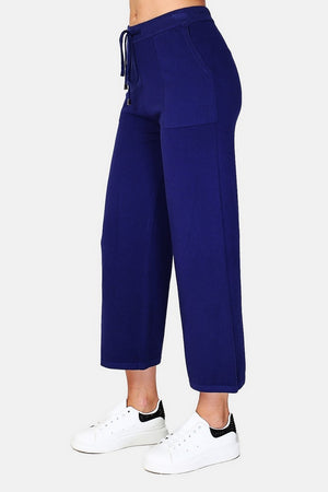High-waisted knitted knit pants, wide bottom, front patch pockets