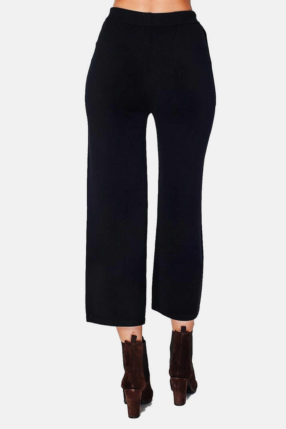 High-waisted knitted knit pants, wide bottom, front patch pockets