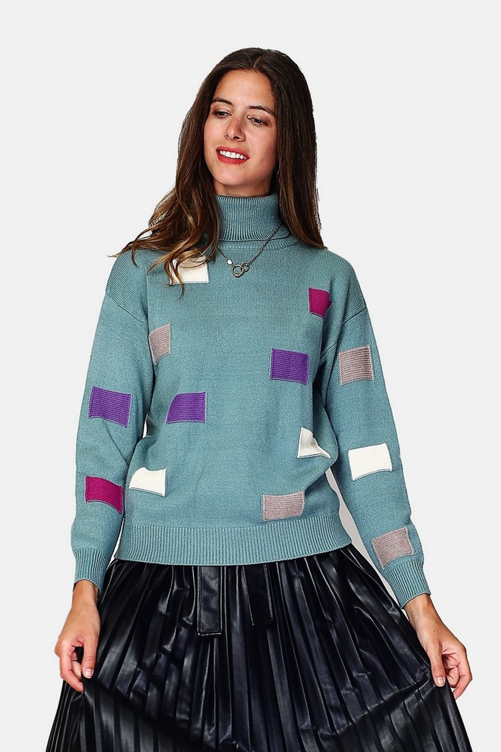 Multicolor fancy knit turtleneck sweater with long sleeves
