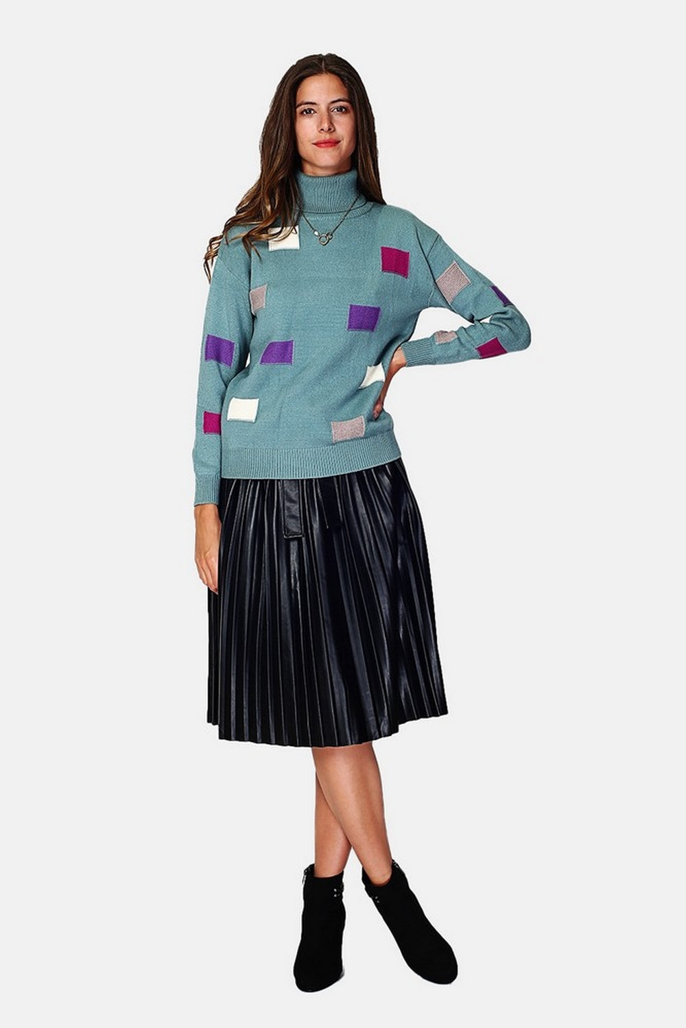 Multicolor fancy knit turtleneck sweater with long sleeves
