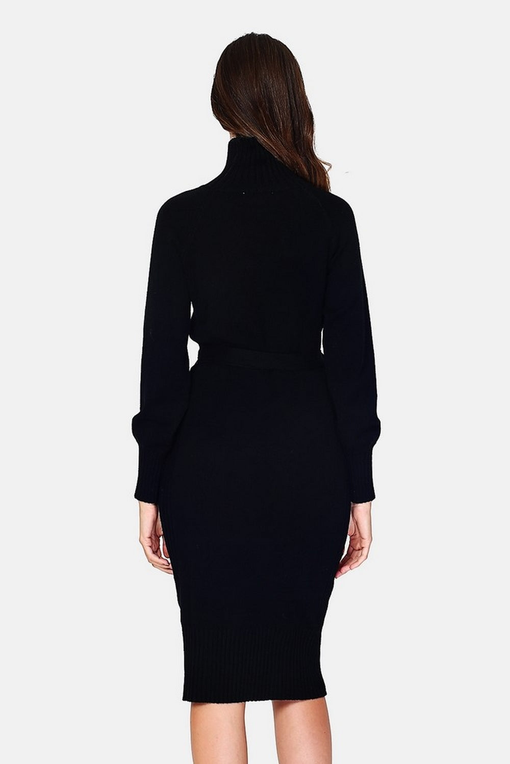 Long high neck dress closed by a button placket in front, rib knit on the sides with long slightly puff sleeved belt