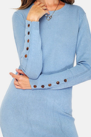 Round neck dress with button placket at the bottom of long sleeves