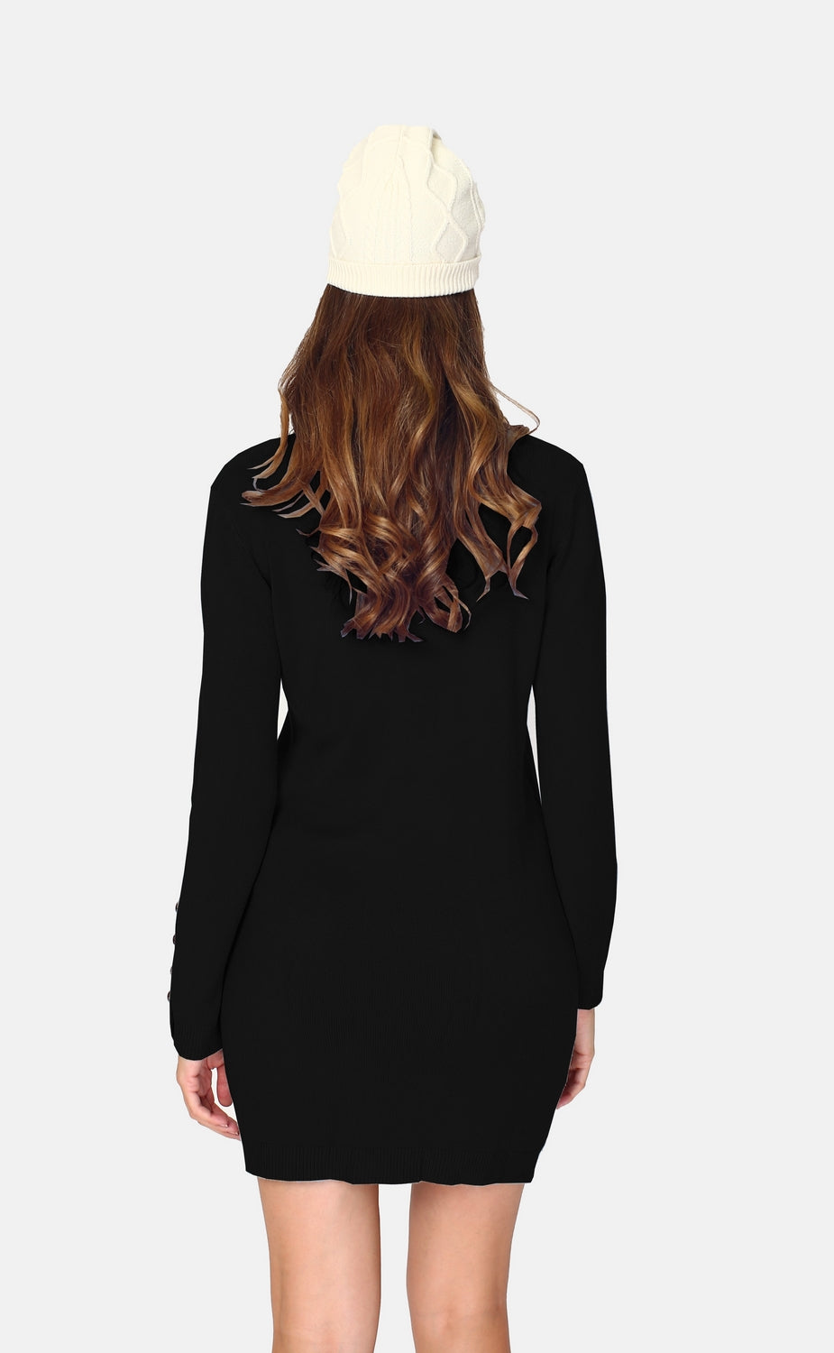 Round neck dress with button placket at the bottom of long sleeves