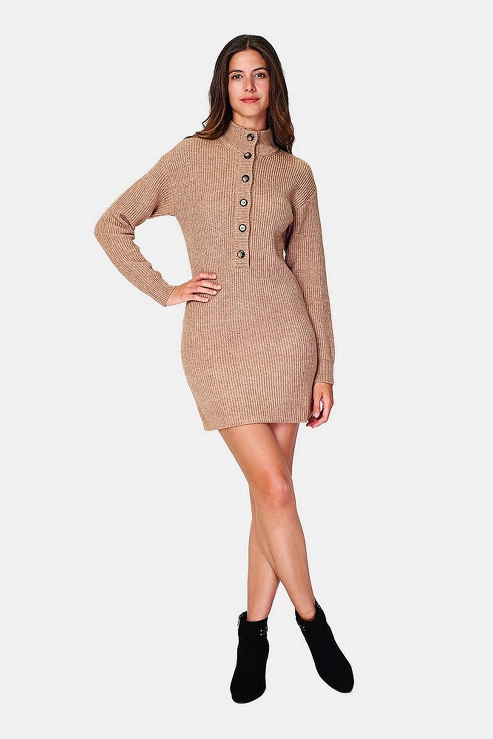 High neck button front knit dress in English rib