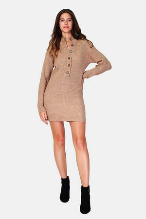High neck button front knit dress in English rib