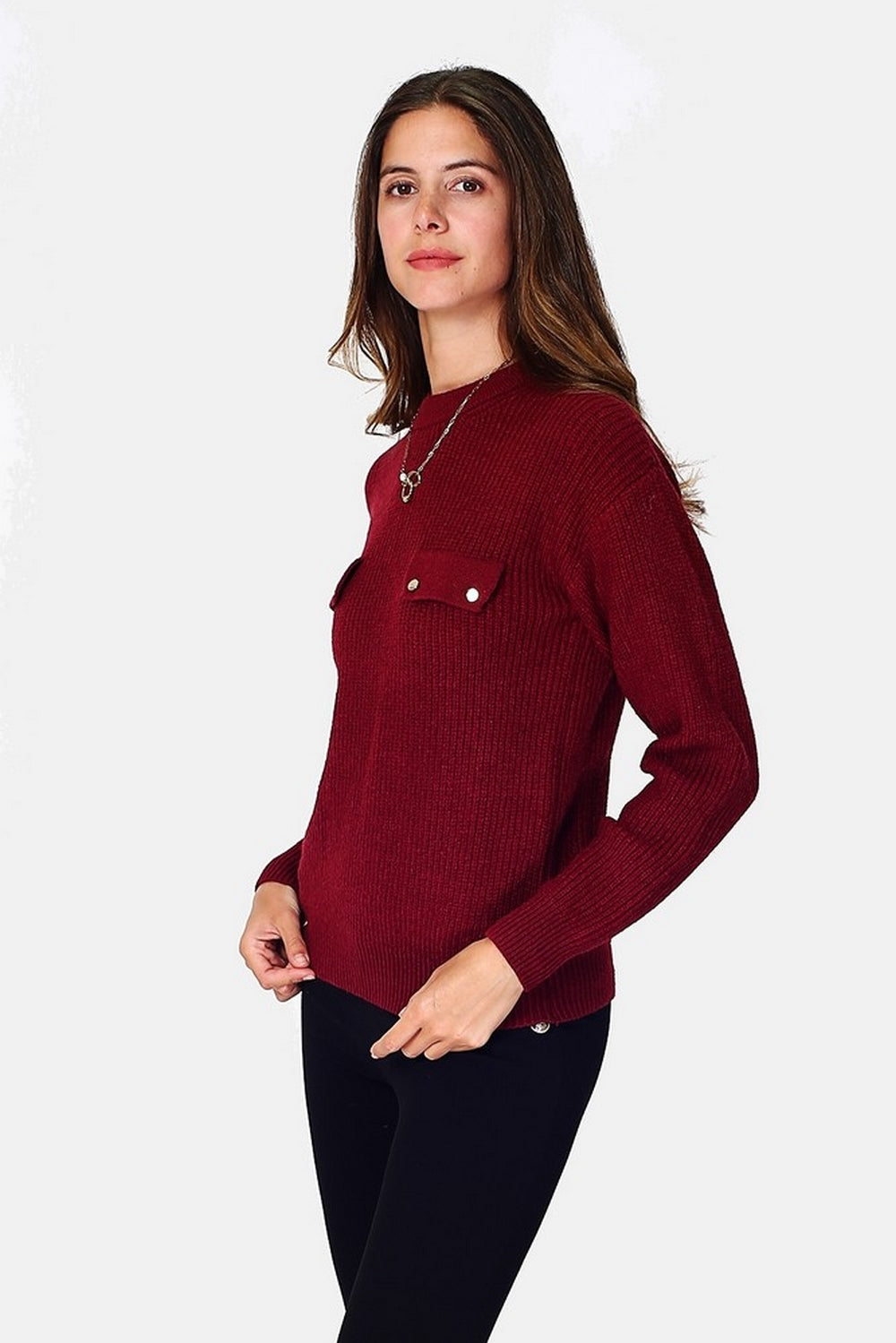 Beaded ribbed knit round neck sweater, chest pockets with long sleeve