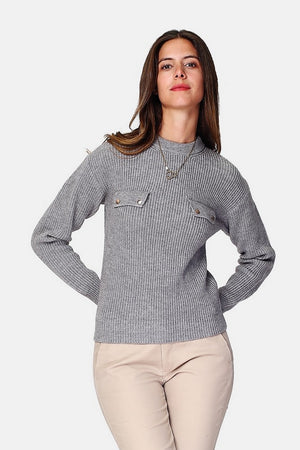 Beaded ribbed knit round neck sweater, chest pockets with long sleeve