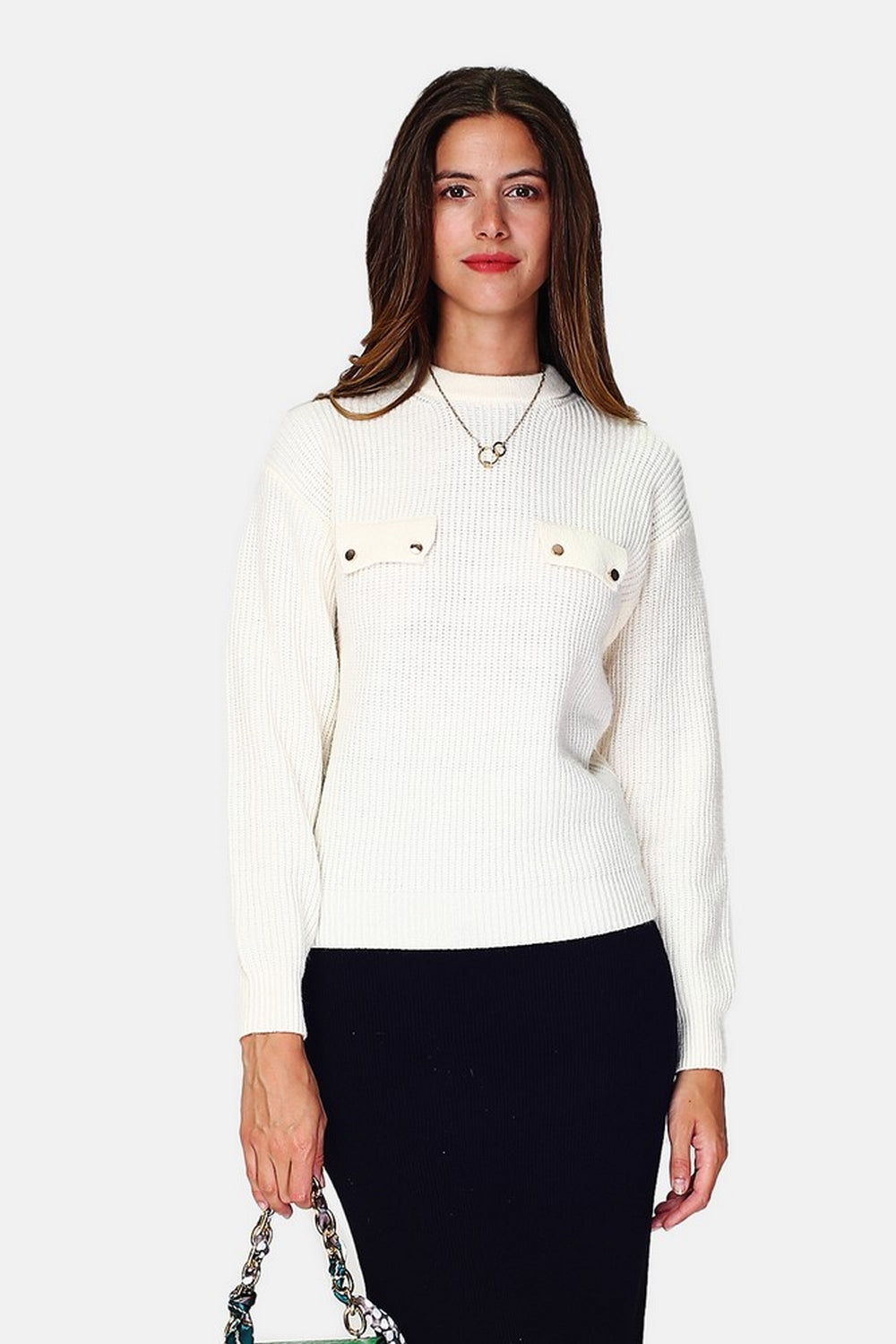 Beaded ribbed knit round neck sweater, chest pockets with long sleeve