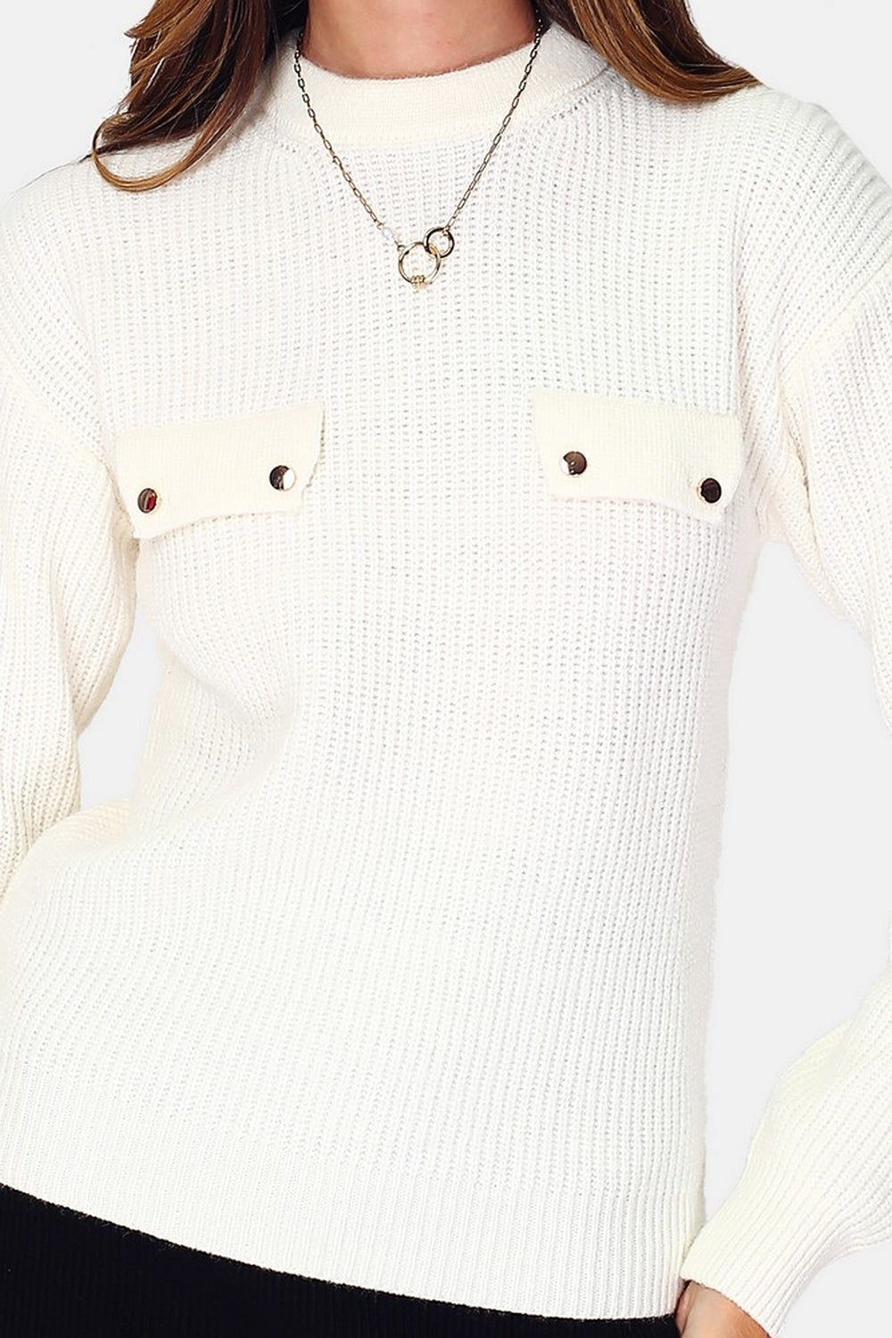 Beaded ribbed knit round neck sweater, chest pockets with long sleeve