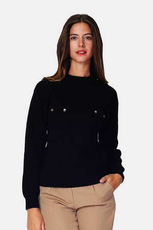 Beaded ribbed knit round neck sweater, chest pockets with long sleeve