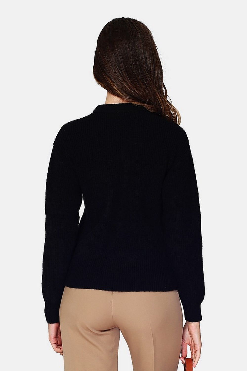 Beaded ribbed knit round neck sweater, chest pockets with long sleeve