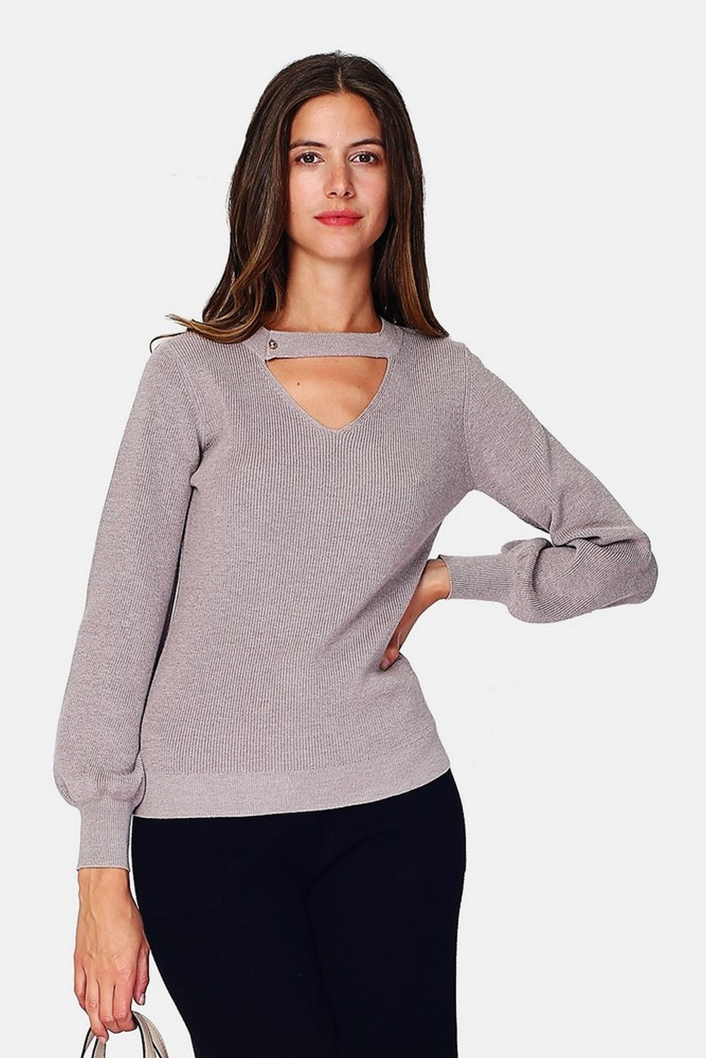 V-neck sweater, closed by a pearl button placket with long sleeves