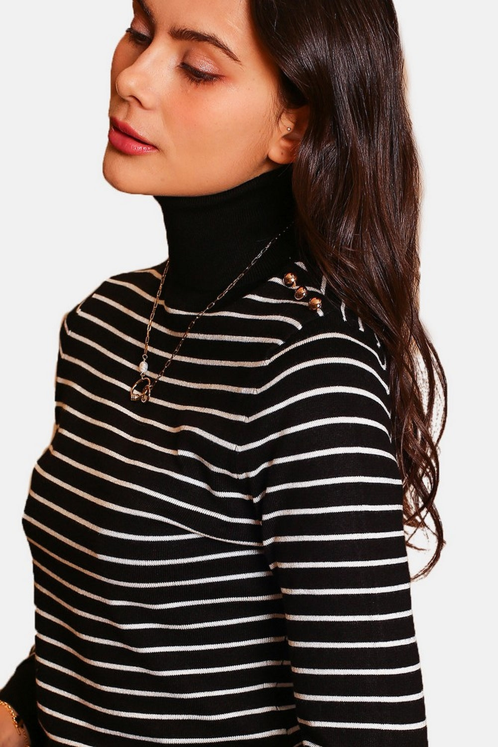 Turtleneck sailor sweater, long sleeve shoulder buttons