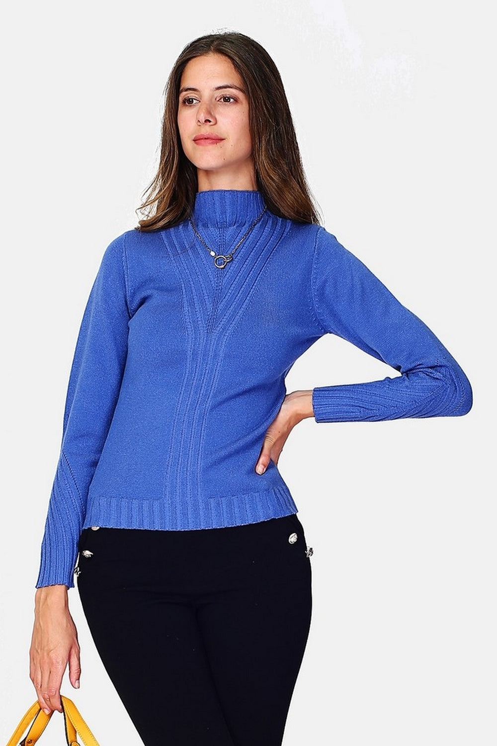 High neck jumper, fancy knit on the front with long sleeves