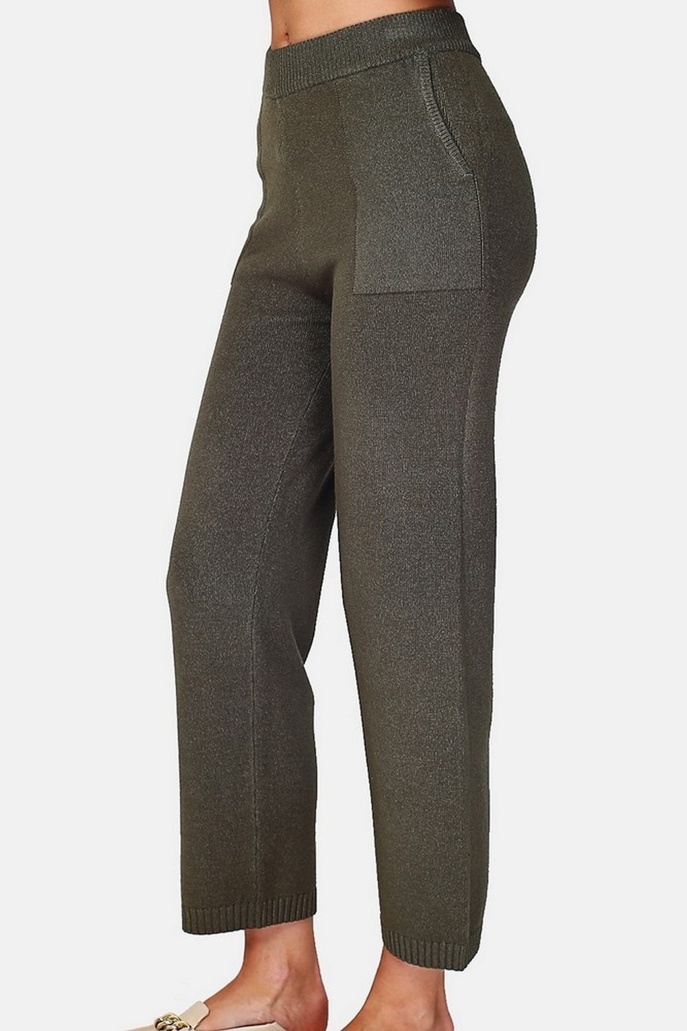 High-waisted knitted knit pants, wide bottom with pockets