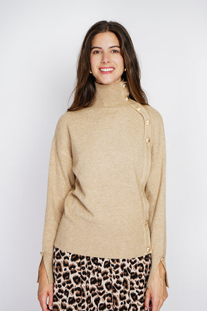 High-neck, long-sleeved sweater with gold buttons