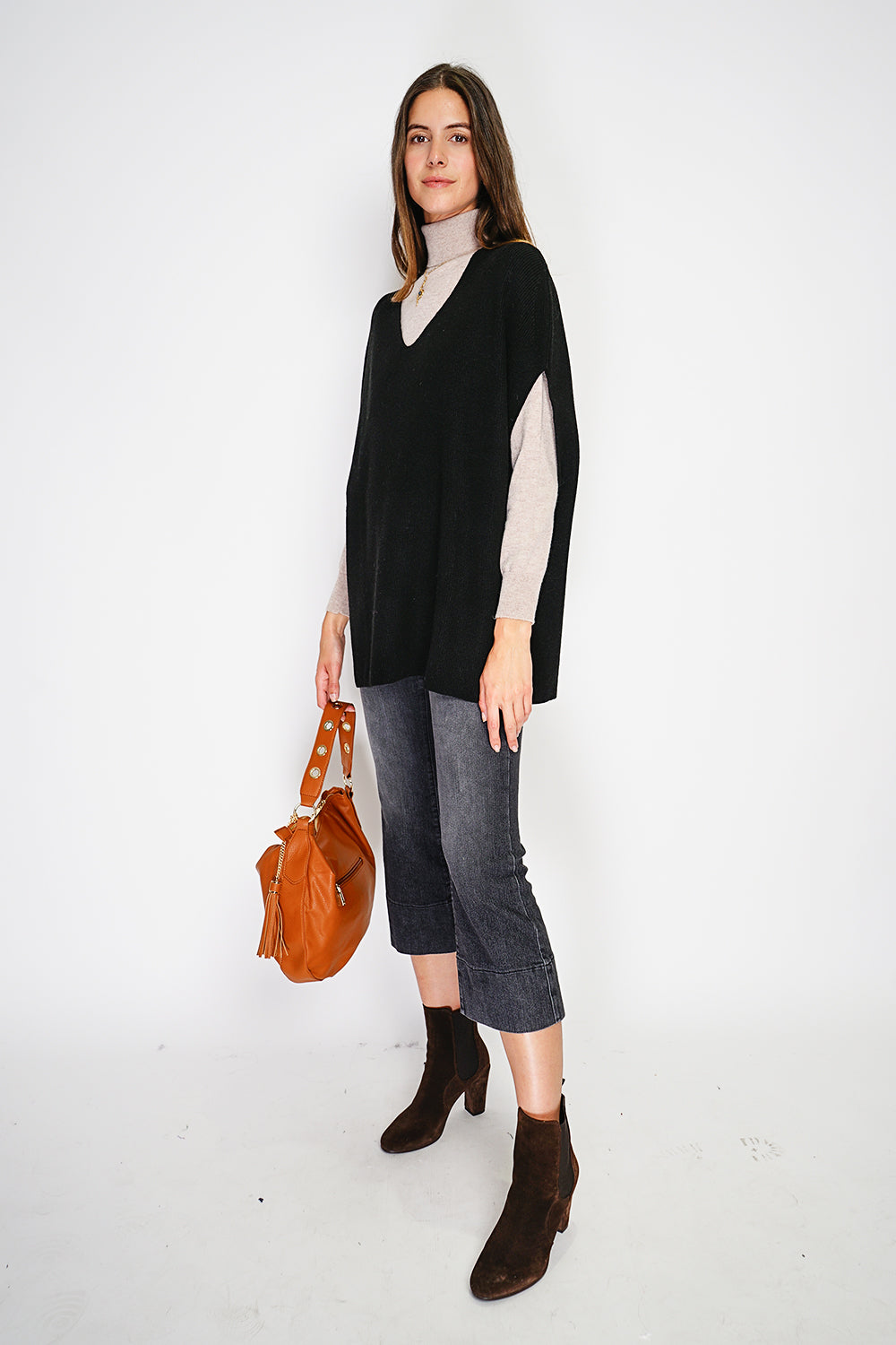 Fancy knit V-neck poncho sweater