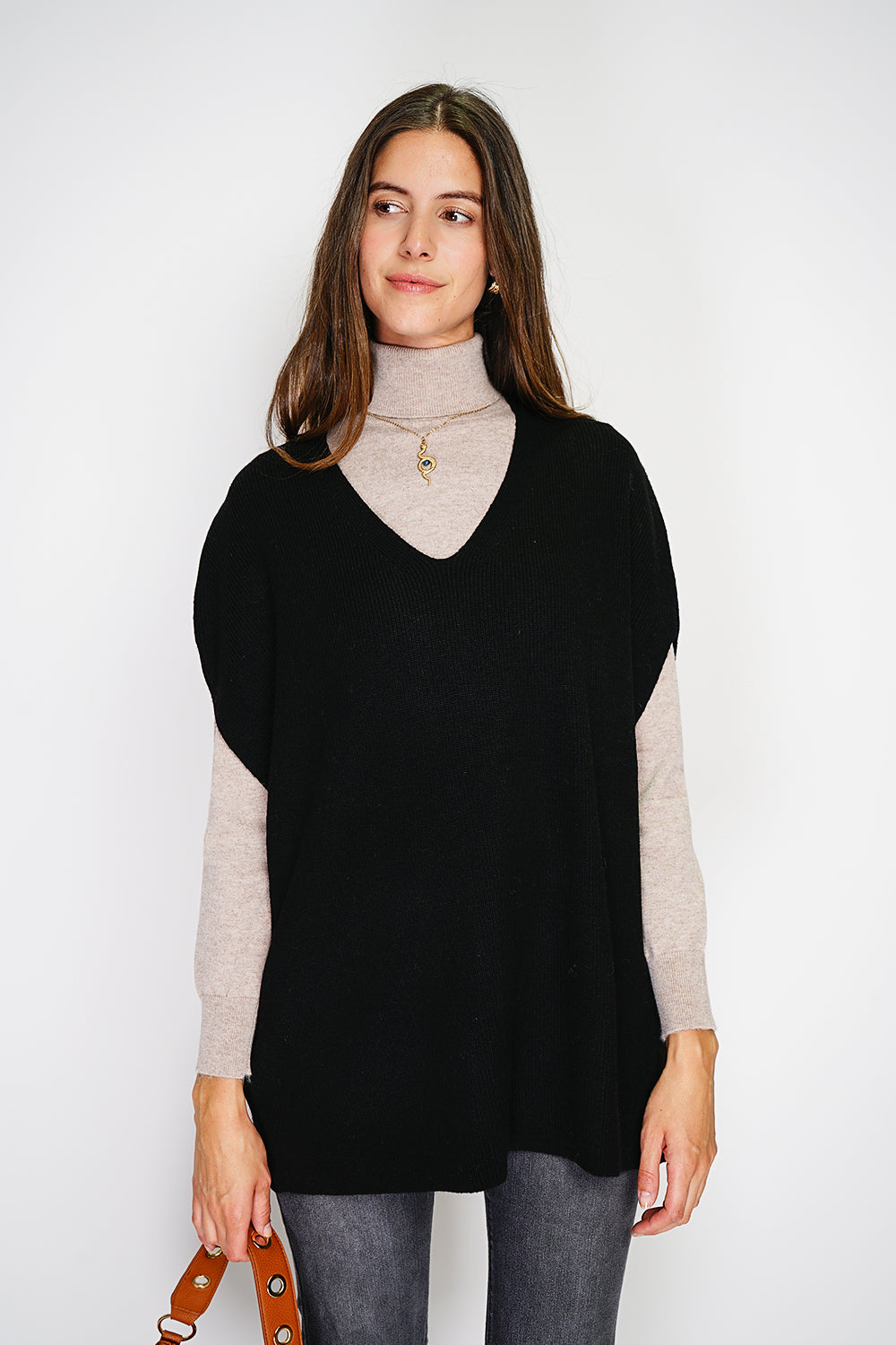 Pull poncho col V tricot fantaisie – Noir – William de Faye