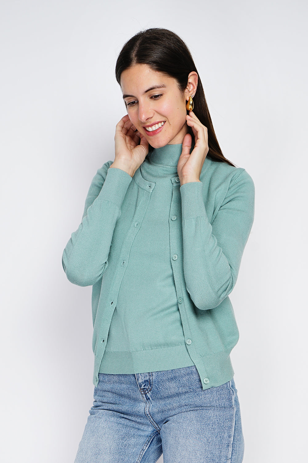 Twin-set classic funnel neck knitting in 3 threads with long sleeves