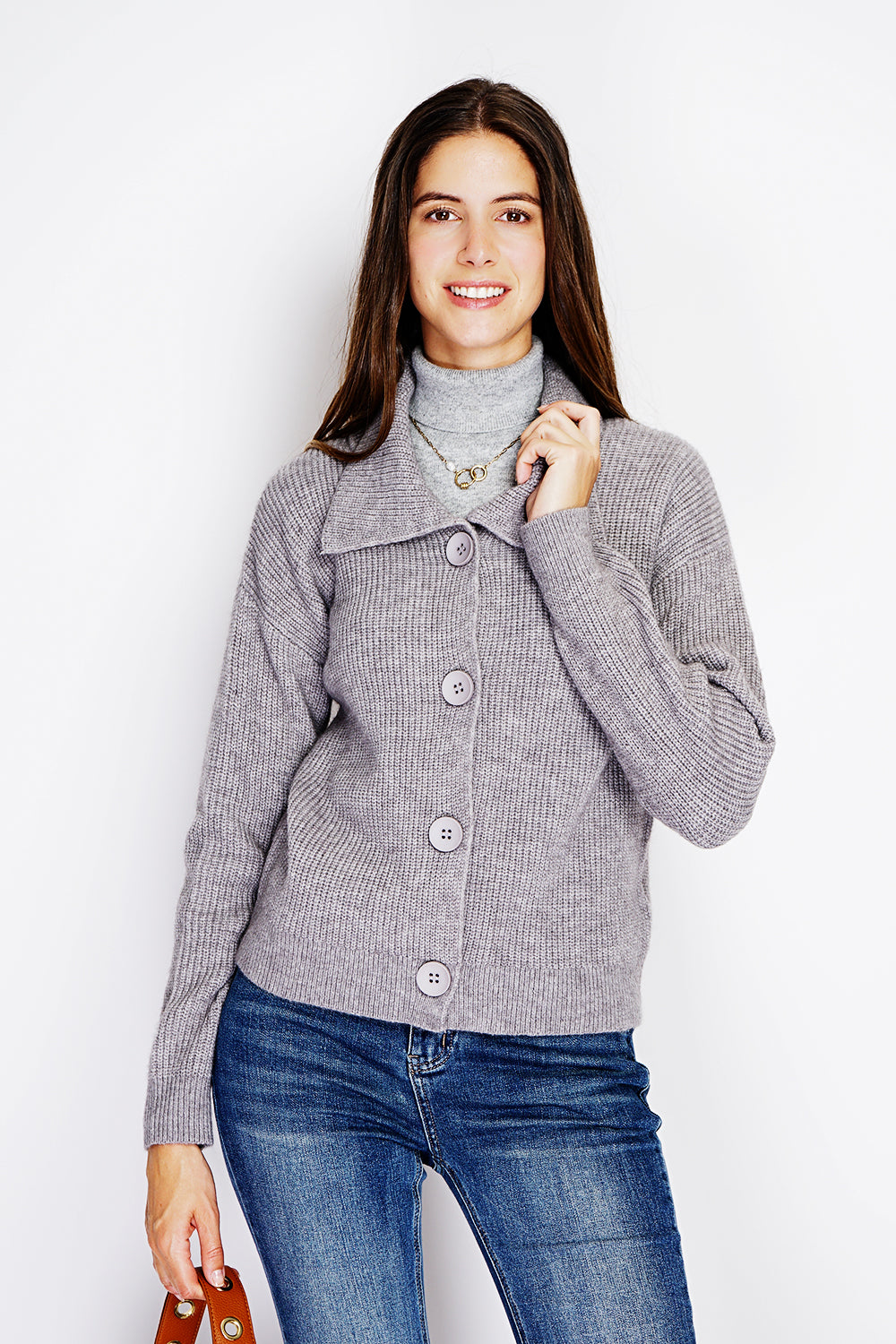 Large ribbed collar cardigan with large buttons Fantaisie