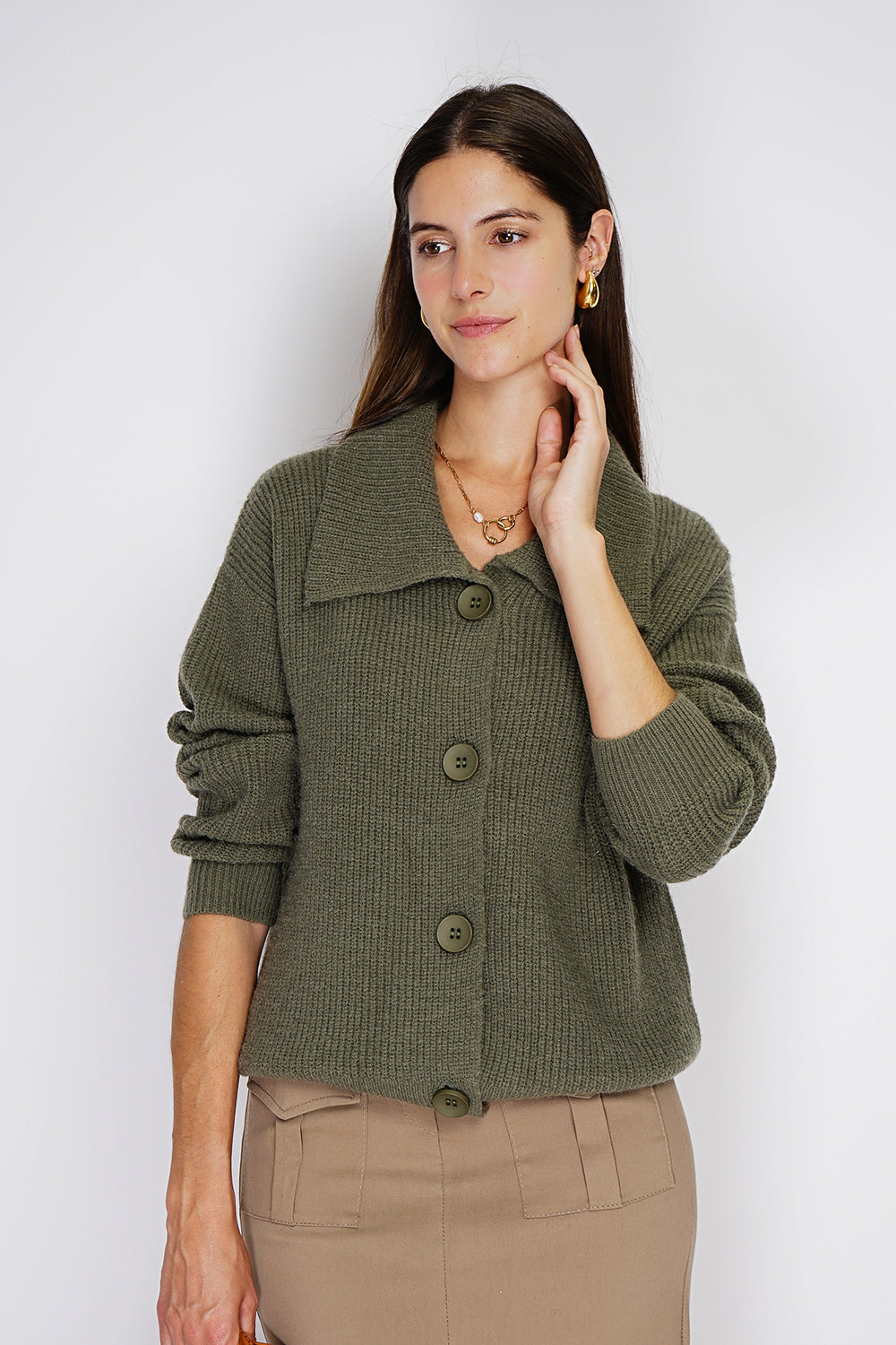 Large ribbed collar cardigan with large buttons Fantaisie