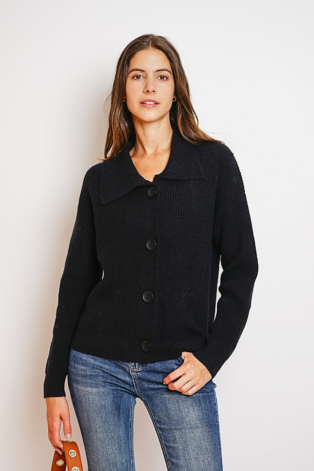 Large ribbed collar cardigan with large buttons Fantaisie