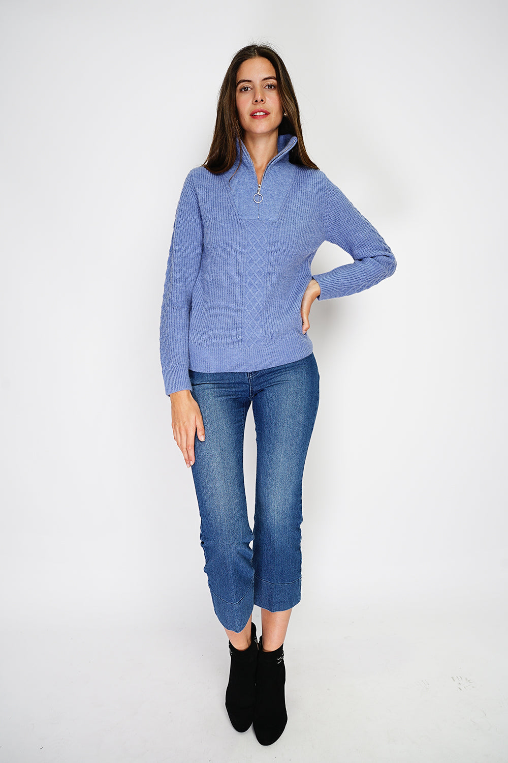 Zipped ribbed sweater Fancy knitted front with long sleeves