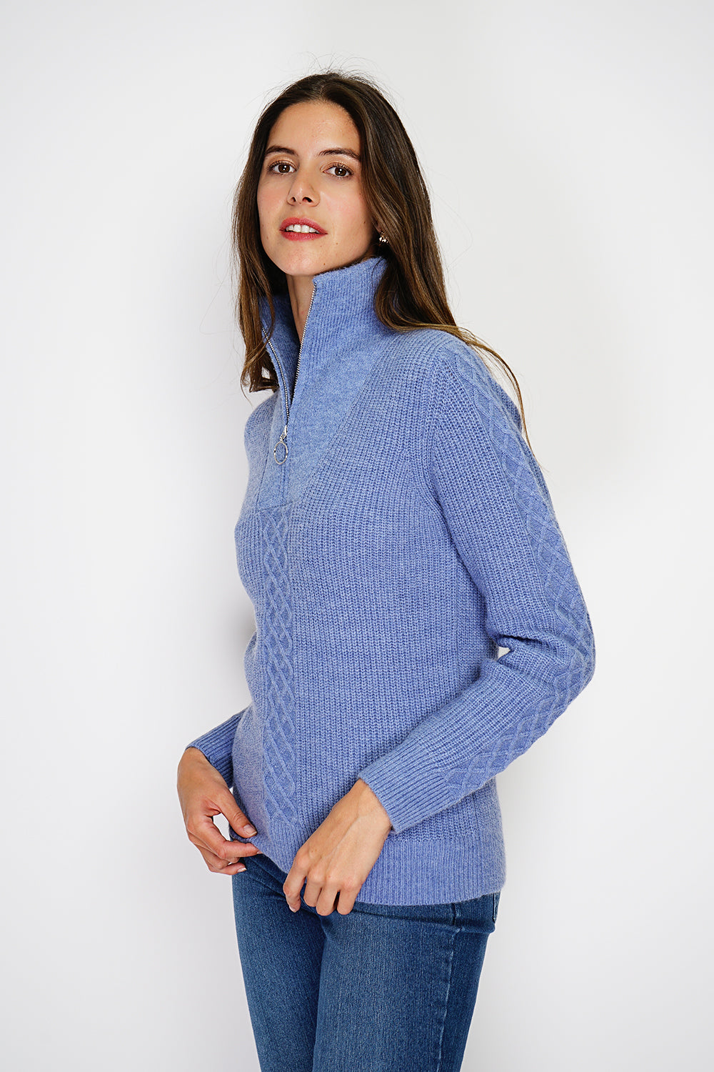 Zipped ribbed sweater Fancy knitted front with long sleeves