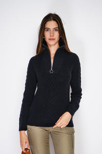 Zipped ribbed sweater Fancy knitted front with long sleeves