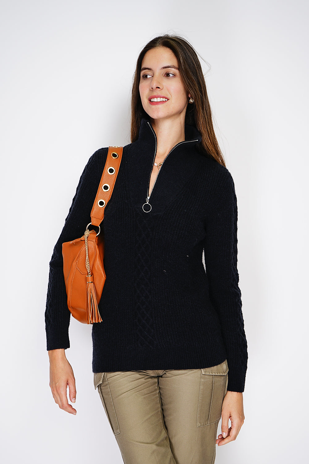 Zipped ribbed sweater Fancy knitted front with long sleeves