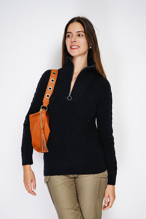 Zipped ribbed sweater Fancy knitted front with long sleeves