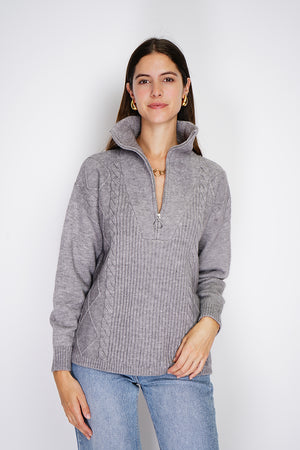 High-neck poncho sweater closed with a zip, fancy knitting with long sleeves