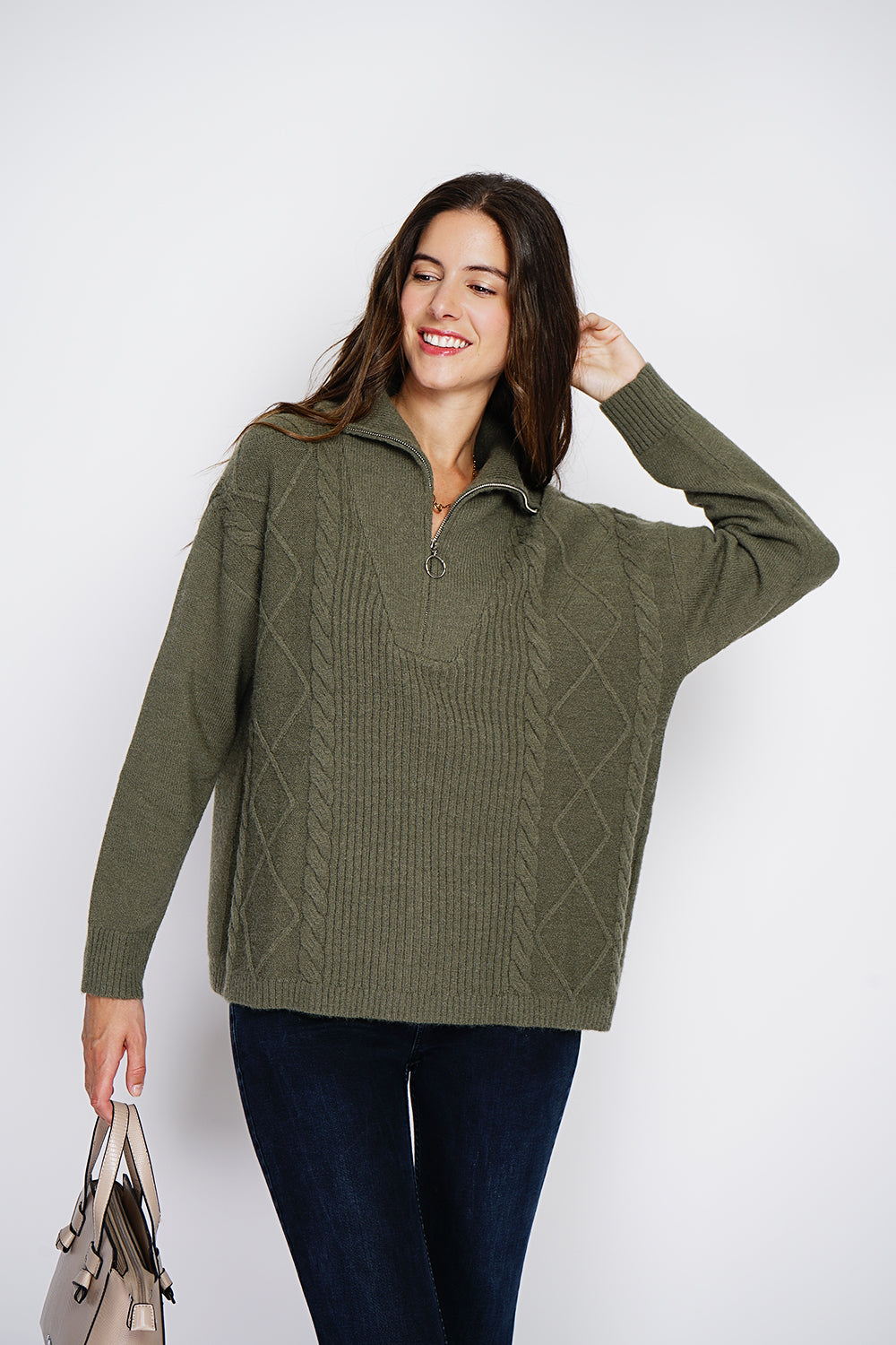 Pull poncho col montant zippé – Kaki – William de Faye