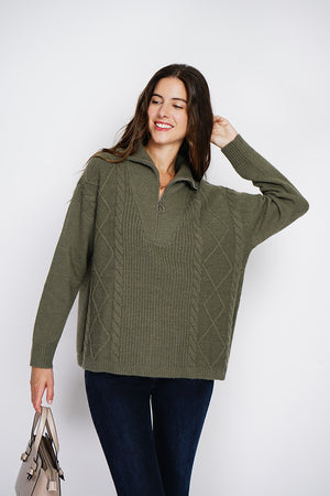 High-neck poncho sweater closed with a zip, fancy knitting with long sleeves